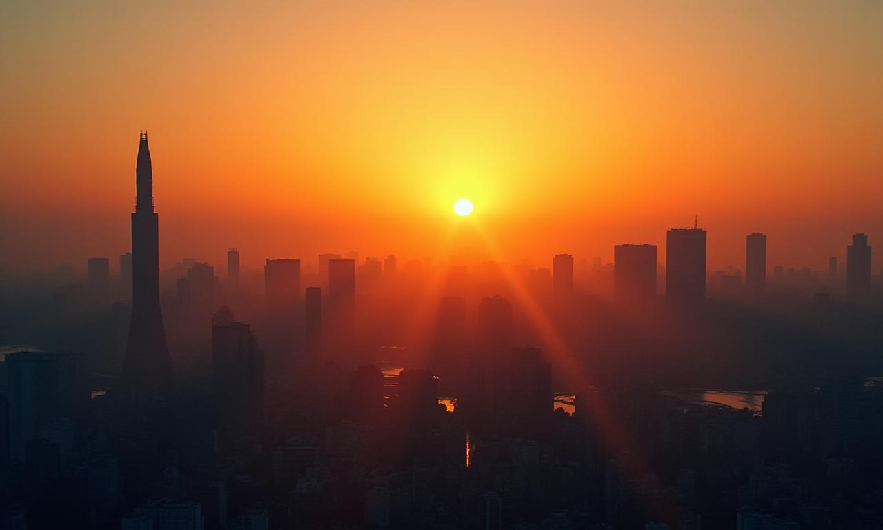 夜明けの東京の街並みと昇る太陽